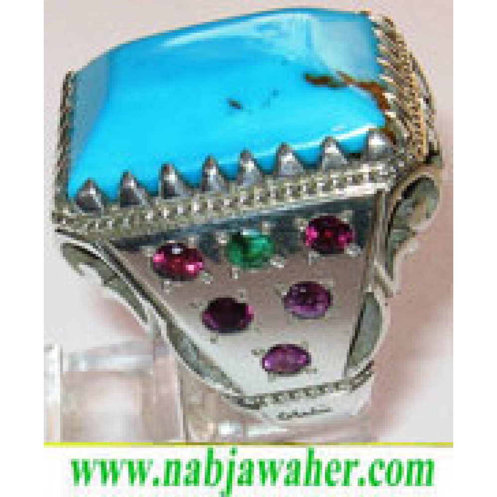 انگشترنفیس مردانه کم نظیر فیروزه نیشابوری بو اسحاقی با رکاب مرصع نقره دستساز قدیمی 