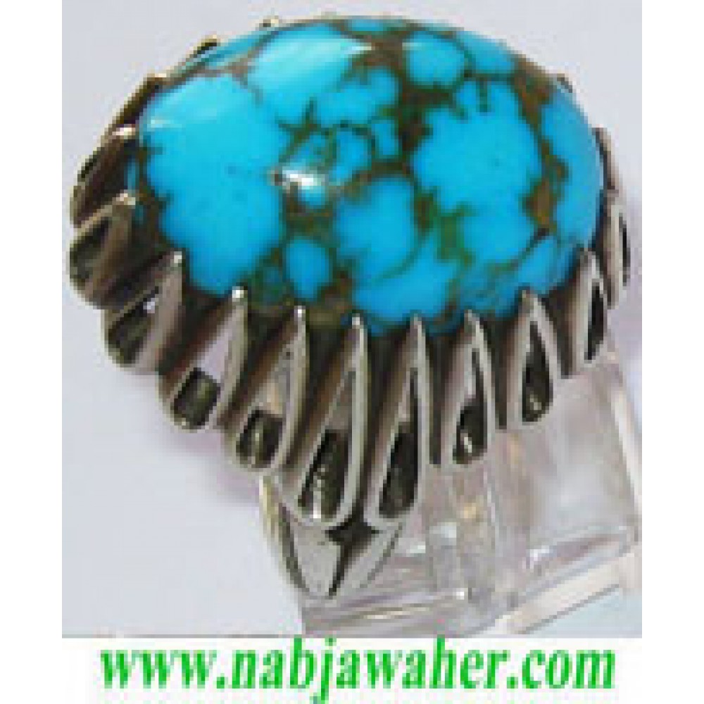 انگشترنفیس مردانه طبع دار فیروزه نیشابوری با رکاب شبکه نقره استاد باقر کریمی تهران کریمی 