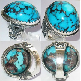 انگشترنفیس مردانه طبع دار فیروزه نیشابوری با رکاب شبکه نقره استاد شاکری خراسان