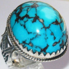 انگشترنفیس مردانه طبع دار فیروزه نیشابوری با رکاب شبکه نقره استاد شاکری خراسان