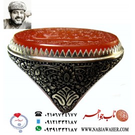 انگشترنفیس عقیق سرخ یمنی حکاکی یا باب الحوائج خط اقل میرزا استادمجتبی آتشباز ورکاب قلمزنی فرشاد ساعی 