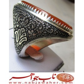 انگشترنفیس عقیق سرخ یمنی حکاکی یا باب الحوائج خط اقل میرزا استادمجتبی آتشباز ورکاب قلمزنی فرشاد ساعی 