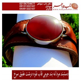 دستبند مردانه عقیق سرخ اب دار درشت وبند چرمی