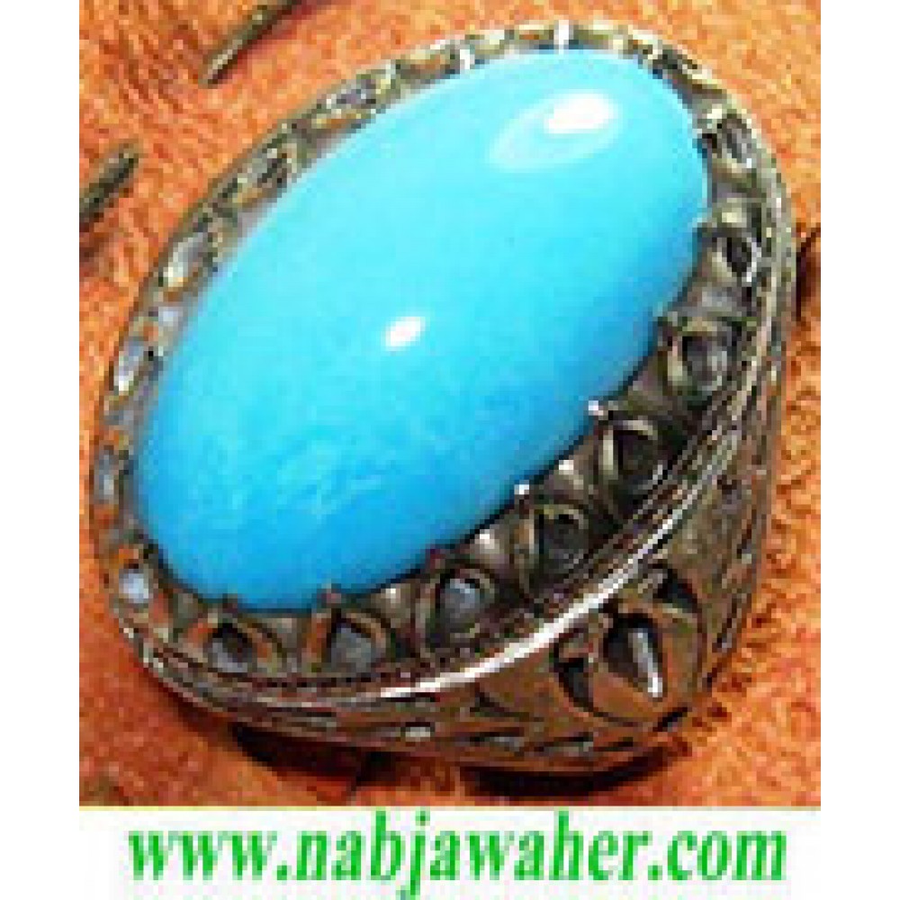 انگشترنفیس مردانه طبع دار فیروزه نیشابوری با رکاب شبکه نقره شاکری خراسان 