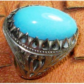 انگشترنفیس مردانه طبع دار فیروزه نیشابوری با رکاب شبکه نقره شاکری خراسان 