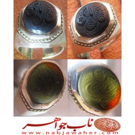 انگشترنقره مردانه خطی یشم خط مبین استاد حسین رضیعی رکاب نقره نفیس دستسازاستاد محمد افتخاری ذکر علی ع