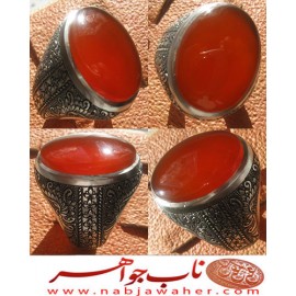 انگشترنقره مردانه عقیق سرخ جگری کمنظیر یمنی رکاب نقره نفیس دستسازمیرزایی زنجان و قلمزنی ساعی