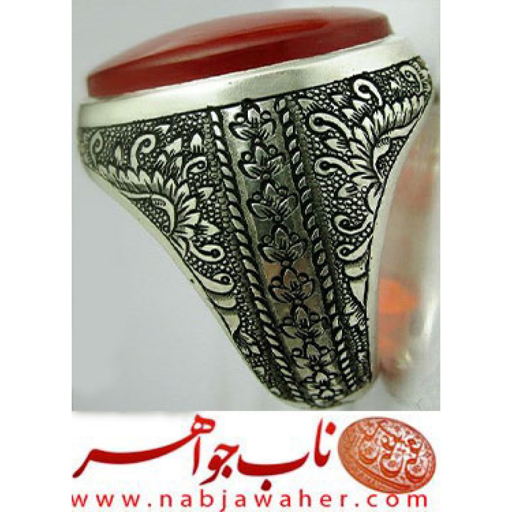 انگشترنقره مردانه عقیق سرخ جگری کمنظیر یمنی رکاب نقره نفیس دستسازمیرزایی زنجان و قلمزنی ساعی