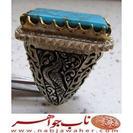 انگشترنفیس مردانه فیروزه شجرناب نیشابوری رکاب فاخر مهدی رحمانی قلمزنی جنگی