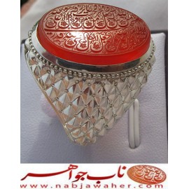 انگشترنقره مردانه خطی عقیق سرخ یمن خط مبین استاد حسین رضیعی رکاب نقره نفیس دستساز استادباقرکریمی تهران_کریمی ذکر ومن یتق الله یجعل له مخرجا