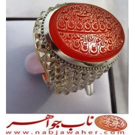 انگشترنقره مردانه خطی عقیق سرخ یمن خط مبین استاد حسین رضیعی رکاب نقره نفیس دستساز استادباقرکریمی تهران_کریمی ذکر ومن یتق الله یجعل له مخرجا