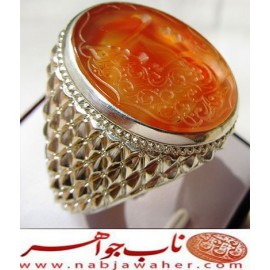 انگشترنقره مردانه خطی عقیق پرتقالی یمن خط مبین استاد حسین رضیعی رکاب نقره نفیس دستساز استادباقرکریمی تهران_کریمی ذکر یاحسین