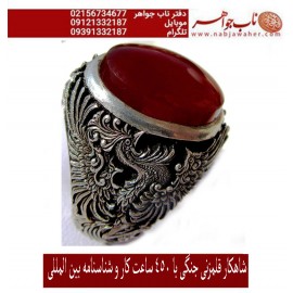 انگشترنفیس مردانه عقیق سرخ یمنی رکاب فاخر و ارزشمند قلمزنی سیمرغ اثر حمید جنگی 