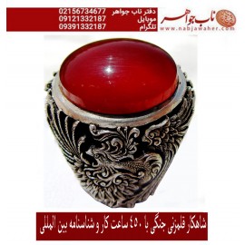 انگشترنفیس مردانه عقیق سرخ یمنی رکاب فاخر و ارزشمند قلمزنی سیمرغ اثر حمید جنگی 