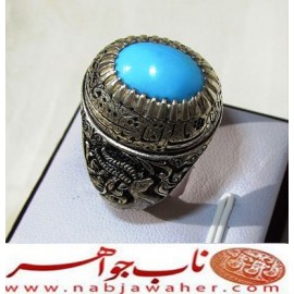 انگشترنفیس مردانه فیروزه پاک عجمی نیشابوری رکاب فاخر مهدی رحمانی قلمزنی جنگی