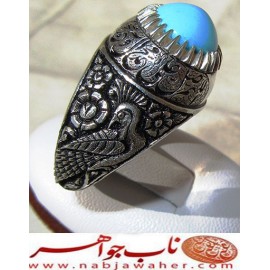 انگشترنفیس مردانه فیروزه پاک عجمی نیشابوری همراه با شناسنامه بین المللی و رکاب فاخر مهدی رحمانی قلمزنی کتیبه دار جنگی