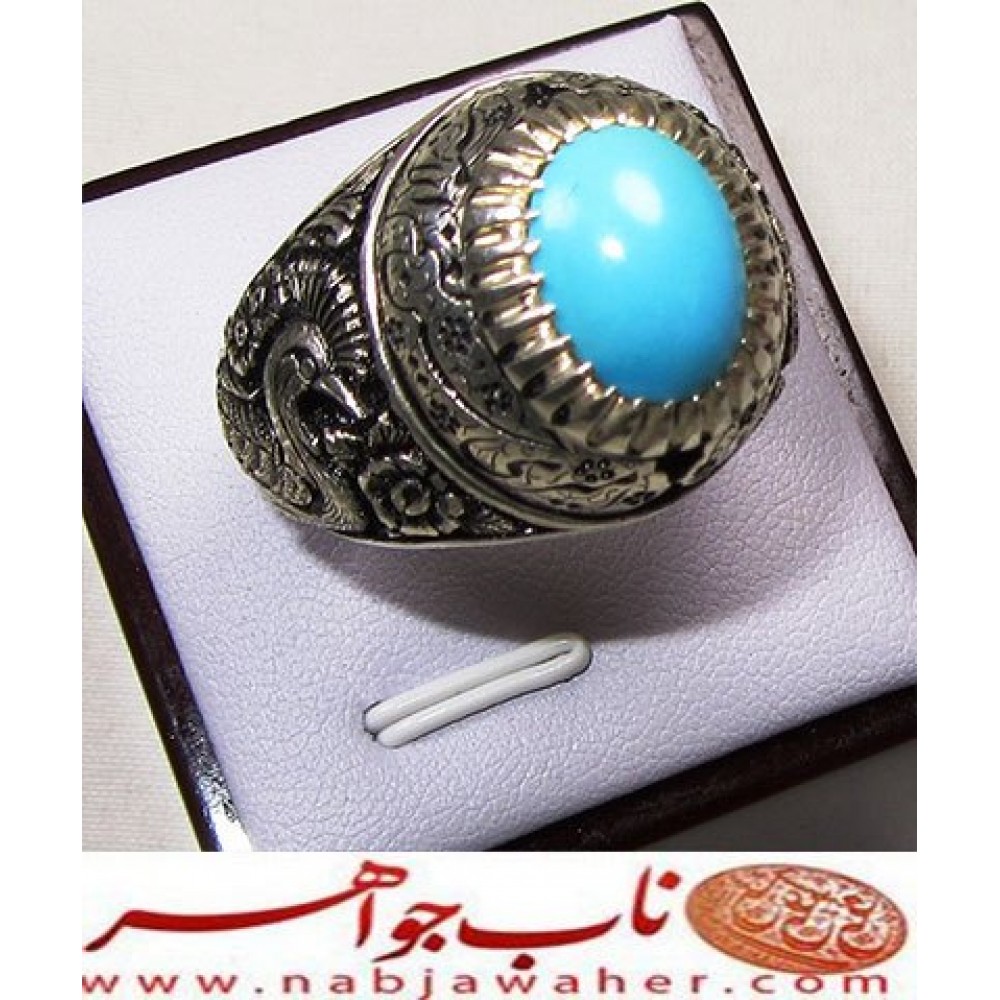 انگشترنفیس مردانه فیروزه پاک عجمی نیشابوری همراه با شناسنامه بین المللی و رکاب فاخر مهدی رحمانی قلمزنی کتیبه دار جنگی