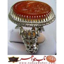 انگشترخطی مردانه عقیق سرخ یمنی رکاب نفیس دستسازایران_حافظ (شهرام حافظ کرمانشاه)و خط حرّ (استاد رضا قربانی)و ذکر یامهدی