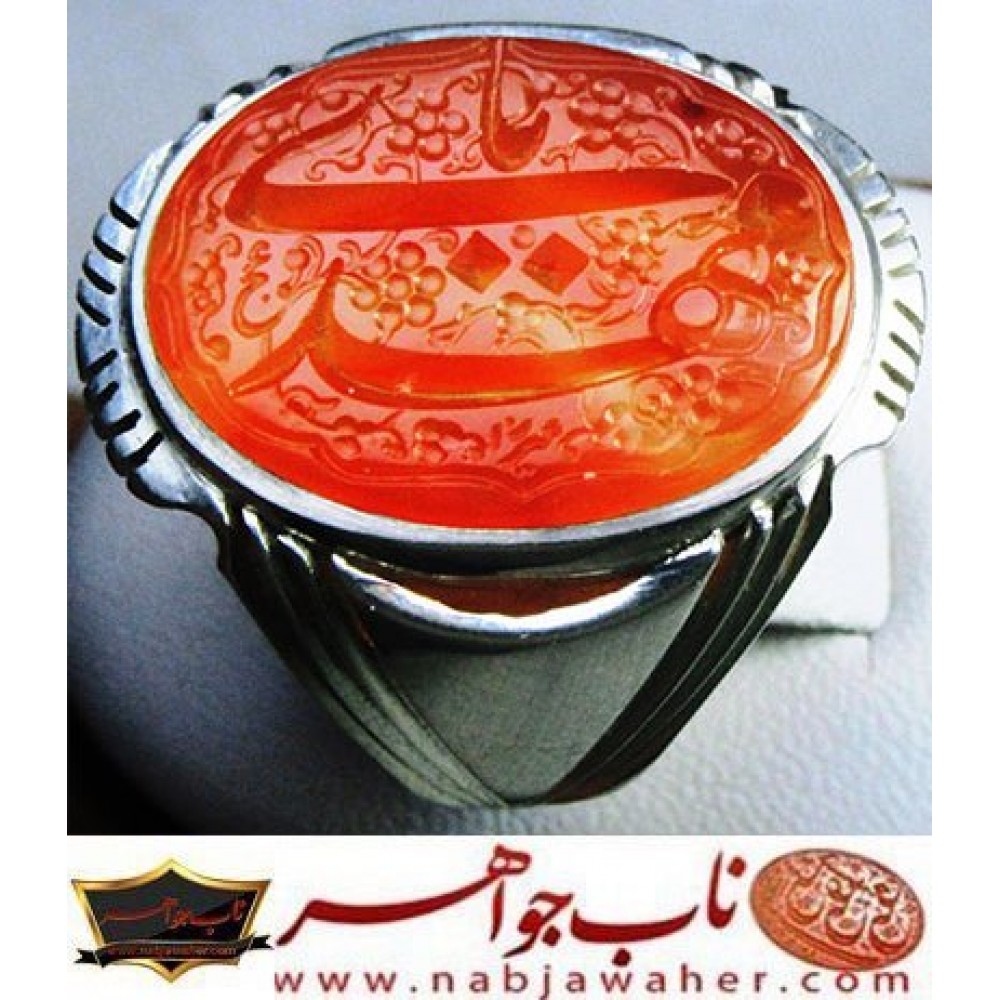 انگشترنفیس خطی مردانه عقیق_یمنی خط_میرزا،حکاکی محمدمجتبی_آتشباز، رکاب_استادسیدحسن_شیرازی،رکاب_سیدحسن وحکاکی-یامهدی