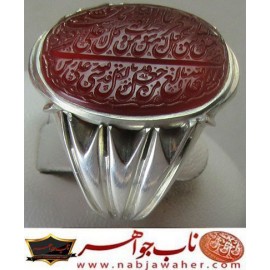 انگشترنفیس مردانه عقیق سرخ یمنی خط میرزا حکاکی استاد مجتبی اتشباز ذکر ومن یتق الله رکاب نقره دستساز سیدحسن هاشمی 