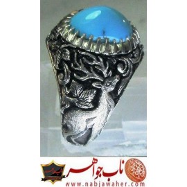 انگشترنفیس مردانه فیروزه شجرناب نیشابوری همراه با شناسنامه بین المللی و رکاب فاخر مهدی رحمانی قلمزنی جنگی