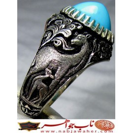 انگشترنفیس مردانه فیروزه شجرناب نیشابوری همراه با شناسنامه بین المللی و رکاب فاخر مهدی رحمانی قلمزنی جنگی