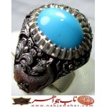 انگشترنفیس مردانه فیروزه شجرناب نیشابوری همراه با شناسنامه بین المللی و رکاب فاخر مهدی رحمانی قلمزنی جنگی