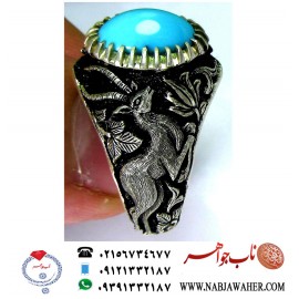 انگشترنفیس مردانه فیروزه شجرناب نیشابوری رکاب فاخر مهدی رحمانی قلمزنی جنگی