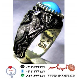 انگشترنفیس مردانه فیروزه شجرناب نیشابوری رکاب فاخر مهدی رحمانی قلمزنی جنگی