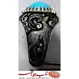 انگشترنفیس مردانه فیروزه شجرناب نیشابوری رکاب فاخر مهدی رحمانی قلمزنی جنگی