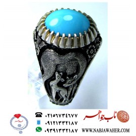 انگشترنفیس مردانه فیروزه شجرناب نیشابوری رکاب فاخر مهدی رحمانی قلمزنی جنگی