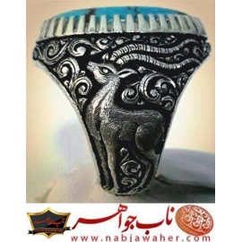 انگشترنفیس مردانه فیروزه شجری نیشابوری همراه با شناسنامه بین المللی و رکاب فاخر مهدی رحمانی قلمزنی جنگی