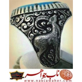 انگشترنفیس مردانه فیروزه شجری نیشابوری همراه با شناسنامه بین المللی و رکاب فاخر مهدی رحمانی قلمزنی جنگی