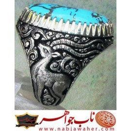 انگشترنفیس مردانه فیروزه شجری نیشابوری همراه با شناسنامه بین المللی و رکاب فاخر مهدی رحمانی قلمزنی جنگی