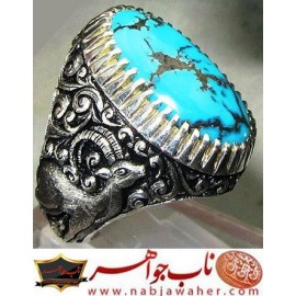 انگشترنفیس مردانه فیروزه شجری نیشابوری همراه با شناسنامه بین المللی و رکاب فاخر مهدی رحمانی قلمزنی جنگی