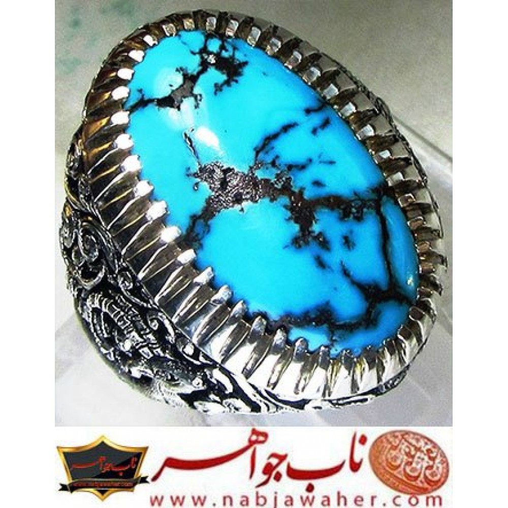 انگشترنفیس مردانه فیروزه شجری نیشابوری همراه با شناسنامه بین المللی و رکاب فاخر مهدی رحمانی قلمزنی جنگی