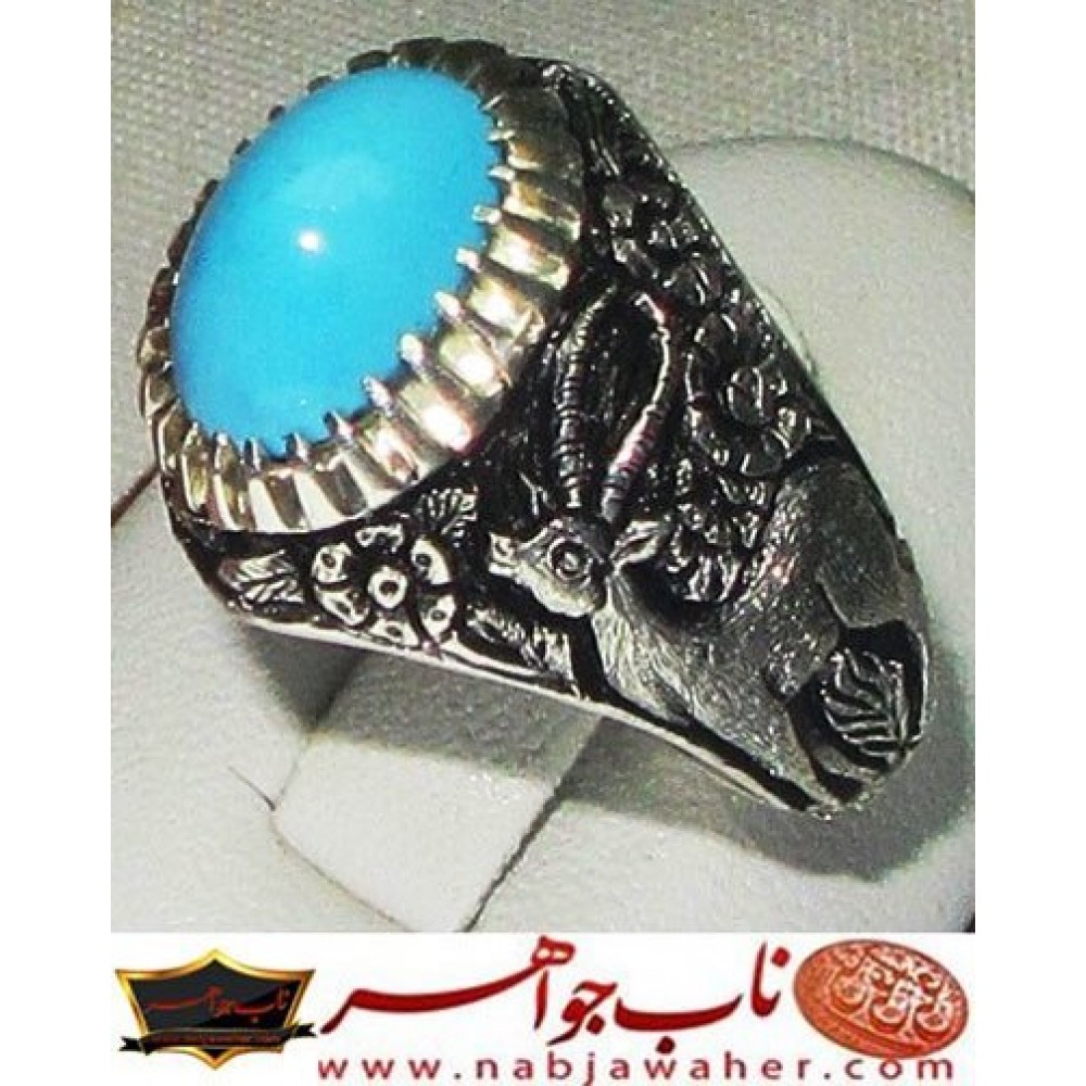 انگشترنفیس مردانه فیروزه شجرناب نیشابوری همراه با شناسنامه بین المللی و رکاب فاخر مهدی رحمانی قلمزنی جنگی