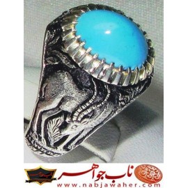 انگشترنفیس مردانه فیروزه شجرناب نیشابوری همراه با شناسنامه بین المللی و رکاب فاخر مهدی رحمانی قلمزنی جنگی