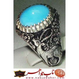 انگشترنفیس مردانه فیروزه شجرناب نیشابوری همراه با شناسنامه بین المللی و رکاب فاخر مهدی رحمانی قلمزنی جنگی