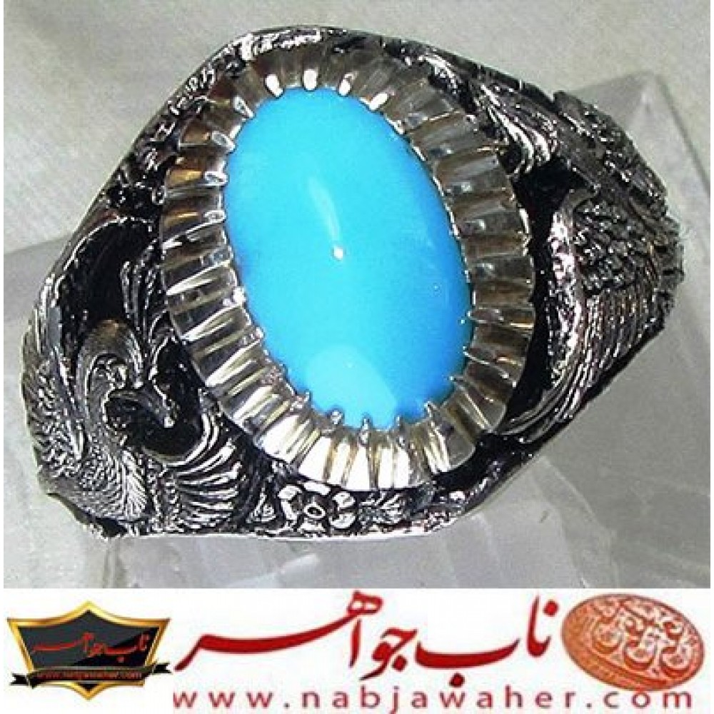 مشخصات انگشتر:  انگشترنفیس مردانه فیروزه ناب نیشابوری رکاب فاخر و ارزشمند قلمزنی سیمرغ اثر حمید جنگی