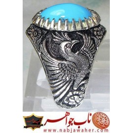 مشخصات انگشتر:  انگشترنفیس مردانه فیروزه ناب نیشابوری رکاب فاخر و ارزشمند قلمزنی سیمرغ اثر حمید جنگی