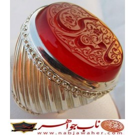 انگشترنقره مردانه خطی عقیق سرخ یمنی خط مبین استاد حسین رضیعی رکاب نقره نفیس دستسازامیرلطفی ذکر یامهدی