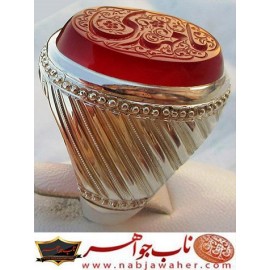 انگشترنقره مردانه خطی عقیق سرخ یمنی خط مبین استاد حسین رضیعی رکاب نقره نفیس دستسازامیرلطفی ذکر یامهدی