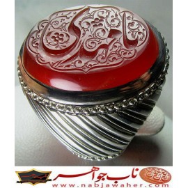 انگشترنقره مردانه خطی عقیق سرخ یمنی خط مبین استاد حسین رضیعی رکاب نقره نفیس دستسازامیرلطفی ذکر یامهدی