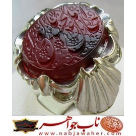 انگشترفدیوم خطی مردانه عقیق سرخ یمنی رکاب نفیس دستسازتهران_خانی(محمد محمودخانی)و خط حرّ (استاد رضا قربانی)و ذکر یاحامل الواء الحسین ع