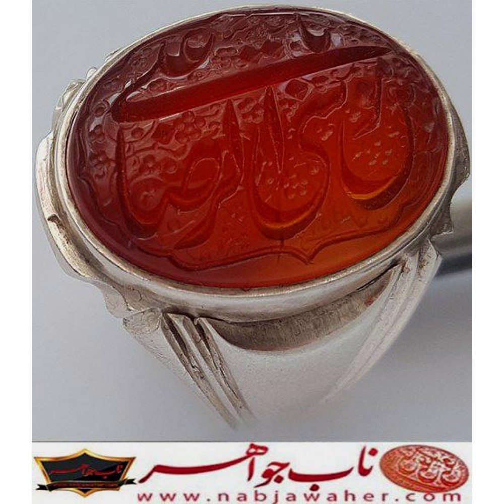 انگشترنفیس خطی مردانه عقیق_یمنی خط_میرزا،حکاکی محمدمجتبی_آتشباز، رکاب_استادسیدحسن_شیرازی،رکاب_سیدحسن وحکاکی-یاعلی_بن_موسی_الرضا