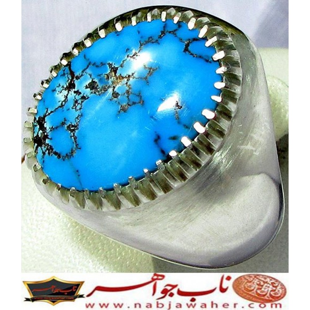 انگشترنفیس مردانه فیروزه رنگ محک نیشابوری با رکاب احمد نامی همراه با شناسنامه