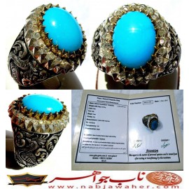 انگشترنفیس مردانه فیروزه عجمی نیشابوری همراه با شناسنامه بین المللی و رکاب فاخر مهدی رحمانی قلمزنی جنگی با دوازده قطعه برلیان