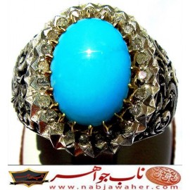 انگشترنفیس مردانه فیروزه عجمی نیشابوری همراه با شناسنامه بین المللی و رکاب فاخر مهدی رحمانی قلمزنی جنگی با دوازده قطعه برلیان