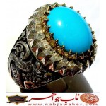 انگشترنفیس مردانه فیروزه عجمی نیشابوری همراه با شناسنامه بین المللی و رکاب فاخر مهدی رحمانی قلمزنی جنگی با دوازده قطعه برلیان